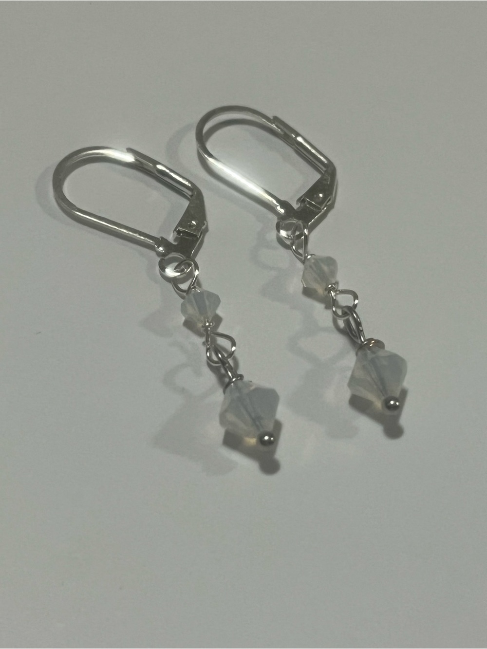 Handmade Swarovski White Opal Crystal Dangle Earrings Silver French Backs - Picture 4 of 5